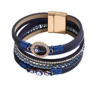 KunBead Sparkly Evil Eye Blue Leather Wrap Bracelets for Women Handmade Braided Boho Multilayer Magnetic Buckle Bracelet Wristband Cuff Bangle