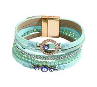 KunBead Sparkly Evil Eye Green Leather Wrap Bracelets for Women Handmade Braided Boho Multilayer Magnetic Buckle Bracelet Wristband Cuff Bangle