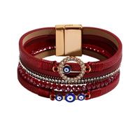 KunBead Sparkly Evil Eye Red Leather Wrap Bracelets for Women Handmade Braided Boho Multilayer Magnetic Buckle Bracelet Wristband Cuff Bangle