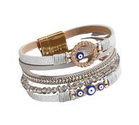 KunBead Sparkly Evil Eye Silver Leather Wrap Bracelets for Women Handmade Braided Boho Multilayer Magnetic Buckle Bracelet Wristband Cuff Bangle