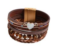 KunBead Sparkly Heart Brown Leather Wrap Bracelets for Women Handmade Braided Boho Multilayer Magnetic Buckle Bracelet Wristband Cuff Bangle