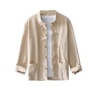 Kung Fu Chinese Shirt Men Traditional Mandarin Collar Long Sleeve Frog Buttons Tang Suit Tai Chi Shirt Jackets Coat Khaki