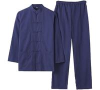 Kung Fu Clothing Men's Tang Suit Hanfu Chinese Traditional Clothing Zen Meditation Uniform, Long Sleeve Linen Tai Chi Clothing Pure Cotton Martial Arts Suit(Blue,M)