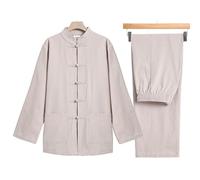 Kung Fu Clothing Men's Tang Suit Hanfu Traditional Chinese Clothing Zen Meditation Uniform, Long Sleeve Linen Tai Chi Clothing Pure Cotton Martial Arts Suit(Beige,XL)