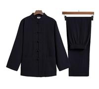 Kung Fu Clothing Tang Suit for Men Hanfu Traditional Chinese Clothing Zen Meditation Uniform, Long Sleeve Linen Tai Chi Clothing Pure Cotton Martial Arts Suit(Black,L)