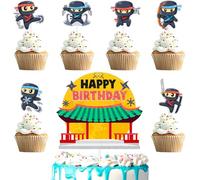 Kung Fu Ninja Cake Topper Kids' Ninja Master Themed Happy Birthday Warrior 7 Piece Decorations, Boys and Girls Birthday Party, Baby Shower, Martial Arts Ninja Party Karate Decorations