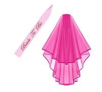 KUNG FU PARTY Hot Pink Double Ribbon Edge Center Cascade Bridal Wedding Veil with Comb & Bride To Be Satin Sash- Bachelorette Party Decorations Supplies