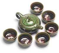 Kung Fu Teapot and Cup Set, Kung Fu Tea Set, Chinese and Japanese Retro Handmade, Porcelain Teapot, 6 Tea Cups, Gift Box (Green)