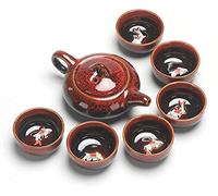 Kung Fu Teapot and Cup Set, Kung Fu Tea Set, Chinese and Japanese Retro Handmade, Porcelain Teapot, 6 Tea Cups, Gift Box (Red)