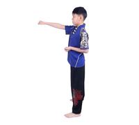 Kung Fu Uniform Master Milk Shreds Martial Arts Taichi T-shirt for Men Short Sleeves Quick-Drying for Tai Chi, Martial Arts(Blue top black pants,For height 140cm)