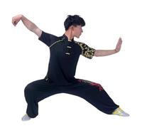 Kung Fu Uniform Master Milk Shreds Martial Arts Taichi T-shirt for Men Short Sleeves Quick-Drying for Tai Chi, Martial Arts(Black suit,For height 140cm)
