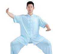 Kung Fu Uniform Traditional Clothing Set Men's Women's Adult Tai Chi Kung Fu Uniform Milk Silk Short Sleeve Casual Clothing for Tai Chi, Martial Arts(Blue suit,XS)