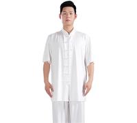 Kung Fu Uniform Traditional Clothing Set Men's Women's Adult Tai Chi Kung Fu Uniform Milk Silk Short Sleeve Casual Clothing for Tai Chi, Martial Arts(White top,3XL)