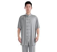 Kung Fu Uniform Traditional Clothing Set Men's Women's Adult Tai Chi Kung Fu Uniform Milk Silk Short Sleeve Casual Clothing for Tai Chi, Martial Arts(Gray top,3XL)