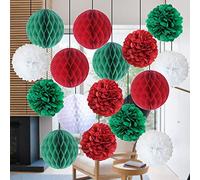 Kungfu Mall 18PCS Christmas Decoration Honeycomb Balls Pompoms Flower Balls Tissue Paper Pom Poms For Christmas Party Supplies Xmas Hanging Accessory