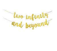 KUNGOON Gold Glitter Two Infinity and Beyond Banner,Space Themed Kids' 2nd Birthday Party Decorations.(gold)
