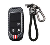KUNIO Car Key Case Key Cover Fits Jeep Wrangler Renegade Compass Commander Fits Dodge Challenger Charger Ram 1500 Key Case 3 Buttons Carbon Fibre Key Ring Red