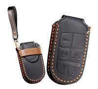 KUNIO Car Key Fob Cover Case Fit for Jeep Cherokee Compass wrangler Key Protective Cover Keychain Leather Key Holder, Black, Medium