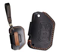 KUNIO Car Key Fob Cover Case Fit for Jeep Wrangler Gladiato JL Key Protective Cover Keychain Leather Key Holder 4 Buttons, Black, Medium