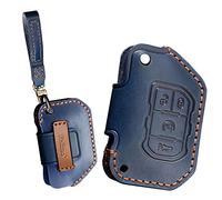 KUNIO Car Key Fob Cover Case Fit for Jeep Wrangler Gladiato JL Key Protective Cover Keychain Leather Key Holder 4 Buttons, Blue, Medium