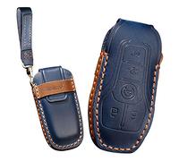 KUNIO Car Key Fob Cover fit for Ford Edge Expedition Explorer Fusion Mustang F-150 fit for Lincoln MKX MKC MKS MKZ Leather Key Fob Key Cover Keychain 5 Buttons Blue