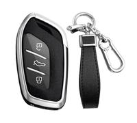 KUNIO Car Key Fob Cover Fit for MG HS ZS EV MG6 EHS MG3 MG7 Key Protective Cover Keychain Leather Metal Key Holder 3 Button, Silver Black
