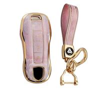 KUNIO Car Key Fob Cover Fit for Porsche 911 Panamera Cayenne Key Protective Cover Keychain TPU Key Holder 3 Buttons A Pink