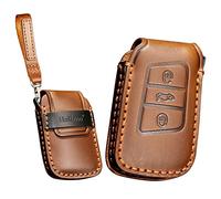 KUNIO Smart Car Key Fob Cover fit for VW Magotan Passat B8 Tiguan MK2 Jetta fit for Skoda Superb A7 Kodiaq Leather Key Fob Key Cover Case Key Case Key Chain 3 Buttons A Brown
