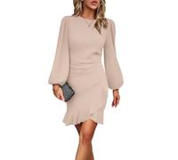 KUNJLELP Cocktail Dresses for Women Long Puff Sleeve Bodycon Ruffle Hem Elegant Evening Dress for Women UK Ladies Party Dresses,Apricot 21,XL