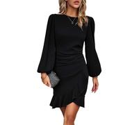 KUNJLELP Cocktail Dresses for Women Long Puff Sleeve Bodycon Ruffle Hem Elegant Evening Dress for Women UK Ladies Party Dresses,Black 21,XL