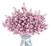 Kunjocy 12 Pcs Christmas Artificial Glitter Berries Stems Christmas Tree Stems with Powder Sequins Xmas Berry Picks Floral Decoration Craft for DIY Xmas Crafts Wreath Garland Home Decor (Pink)