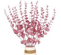 Kunjocy 12 Pcs Christmas Glitter Leaves, 37cm Shiny Eucalyptus Stems Sparkling Eucalyptus Branches Stems Glitter Foliage Decor for Xmas Tree Vase fillers Party Home Holiday Ornament (Pink)