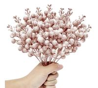 Kunjocy 12 Pcs Snowy Christmas Glitter Berries Stems - Frosted Decorations Artificial Picks for Wreath, Garland, Xmas Tree Ornament (Rose Gold)