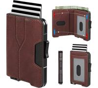 Kunlgro Wallet for Men - Pop Up Case, Cash Slot, and Credit Card Wallet - Slim Minimalist Aluminum Front Pocket Wallet with RFID Blocking/ID Window, Genuine Leather Dark Brown, Minimalist