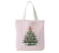 kunlisa Coquette Pink Bow Christmas Tree Tote Bag, Preppy Christmas Tree Canvas Tote Bag Gifts for Women, Xmas Pink Striped Winter Holiday Reusable Xmas Gift Bags Party Favors