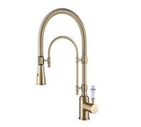 Kunmai Single Handle High Arc Kitchen Sink Faucets Brushed Gold Dual-Mode Pull-Down Kitchen Faucet Solid Brass Porcelain Handle
