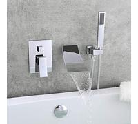 KunMai Waterfall Wall-Mount Tub Faucet with Handheld Shower,Chrome Waterfall Spout Bathtub Faucet with Hand Shower Solid Brass Wall Mount Tub Filler Faucet for Bathroom