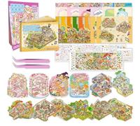 Kunoli 12 Sets DIY 3D House Stickers Scene Kit, Sticker Therapy, Creative Large Size Stress Relief Sticker Scenes Book with 18 PET Stickers, 2 Tweezers, for Adults Kids Teens