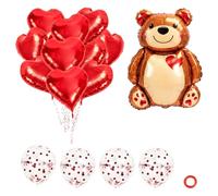 Kunoli 15 Valentine's Day Party Balloons, Red Heart Foil, Bear Foil, Sequin | 10 Red Heart Foil Balloons, 1 Bear Foil Balloon, 4 Sequin Balloons, 1 Roll of Ribbon for Wedding, Engagement and Anniversary