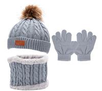 Kunoli 3pcs Kids Beanie Hat Scarf Gloves Set, Knit Bobble Cap Fleece Lined Neck Warmer, Winter Outdoor Sports Crochet Thermal Accessories for Children Toddler Boys Girls Aged 1-6 Years Old (Grey)