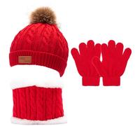 Kunoli 3pcs Kids Beanie Hat Scarf Gloves Set, Knit Bobble Cap Fleece Lined Neck Warmer, Winter Outdoor Sports Crochet Thermal Accessories for Children Toddler Boys Girls Aged 1-6 Years Old (Red)
