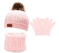 Kunoli 3pcs Kids Beanie Hat Scarf Gloves Set, Knit Bobble Cap Fleece Lined Neck Warmer, Winter Outdoor Sports Crochet Thermal Accessories for Children Toddler Boys Girls Aged 1-6 Years Old (Pink)