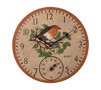 KUNOQXHA Indoor Outdoor Clock Robin Bird Garden Wall Clock, 12 Inch Large Waterproof Wall Clocks Battery Operated Thermometer Retro Resin Ornaments for Home Garden Patio Pool Fence Decor Clock