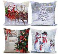 KUNQIAN Christmas Cushion Covers Xmas Cushions Santa Claus Snowman Silver White Winter Pillow Cover 18x18 Inch Set of 4 Throw Pillow Case Christmas Decorative For Sofa Living Room Home Linen Square