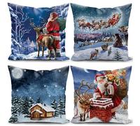 KUNQIAN Christmas Cushion Covers Xmas Decorations Blue Santa Claus Snowman Winter Throw Pillow Cover Set of 4 Christmas Decor For Sofa Living Room Home 18x18 Inch 45x45cm