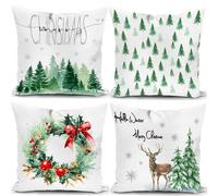 KUNQIAN Christmas Cushion Covers Xmas Decorations Green Tree Winter Throw Pillow Cover Set of 4 Christmas Decor For Sofa Living Room Home 18x18 Inch 45x45cm