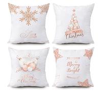 KUNQIAN Christmas Cushion Covers Xmas Decorations Throw Pillow Cover Pink White Snowflake Set of 4 Decor For Sofa Living Room Home 18x18 Inch 45x45cm