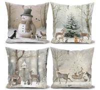 KUNQIAN Christmas Cushion Covers Xmas Decorations Throw Pillow Cover Winter Animal Snowman Grey Set of 4 Christmas Decor For Sofa Living Room Home 18x18 Inch 45x45cm