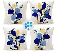 KUNQIAN Cushion Covers Outdoor Waterproof Navy Blue Leaf Cushions Throw Pillow Cover Set of 4 Home Sofa Art Decorative for Living Room Garden Linen 18 x18 inch 45x45cm