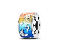 KUNSIR Charms 925 Silver Reflective Clip on Charms Flat Beads Suitable for European Bracelets and Pandora Bracelets Women Fashion Safety Chain Clasp Beads